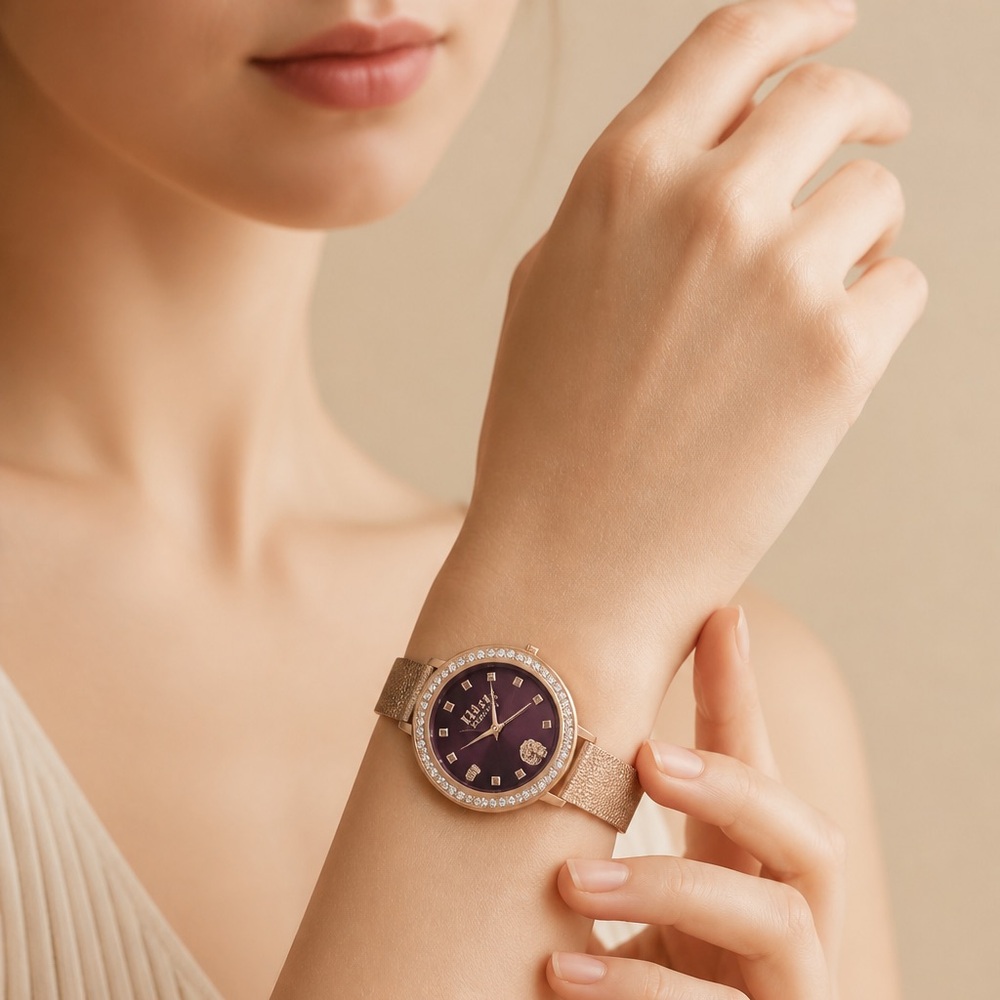 New Authentic Versus Versace Women's Rose Gold Mesh Bracelet Watch  Purple Dial